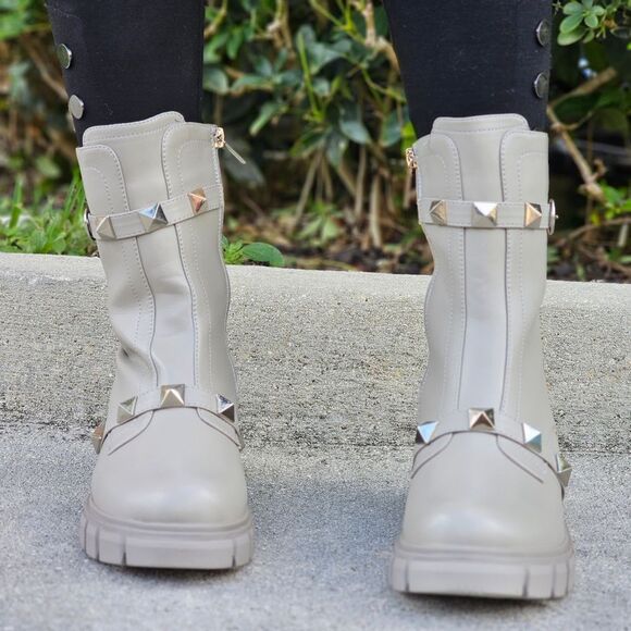 Women's Grey Pyramid Stud Ankle Combat Boot - Picture 2 of 5